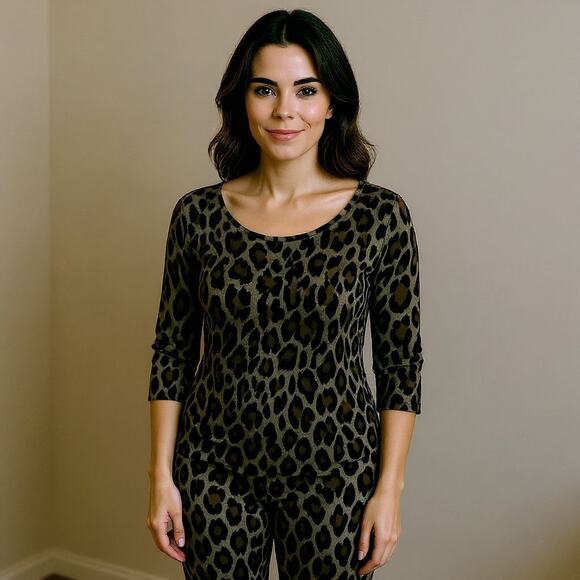 N Natori Charcoal Gray Black WILD INSTINCT LEOPARD Knit Pajama Lounge Set XL - Picture 1 of 11